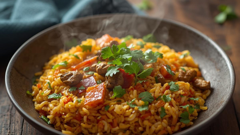 Steaming hot plate of vegetable Poha representing healthy breakfast ideas Indian