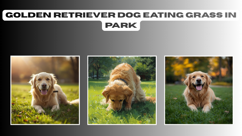 Golden Retriever dog eating grass in park