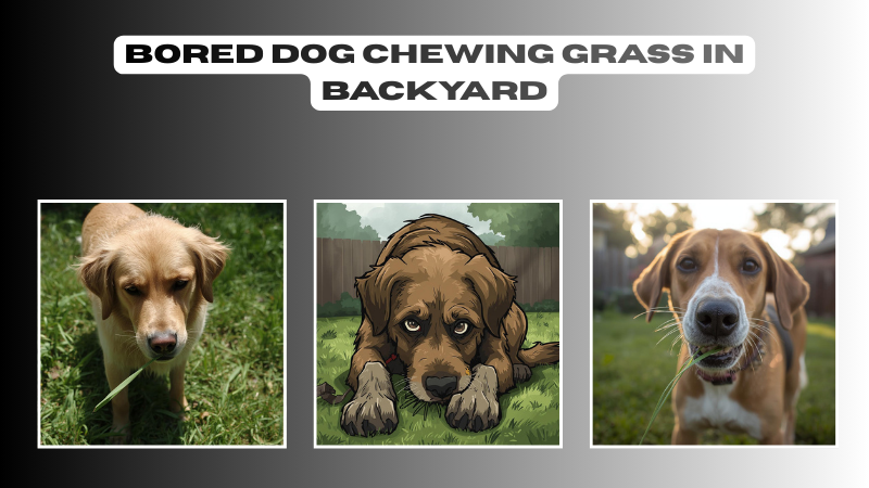 bored dog chewing grass in backyard